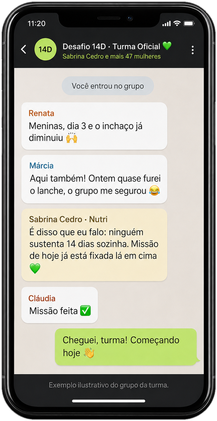 Exemplo ilustrativo do grupo da turma no WhatsApp: mensagem de sistema Você entrou no grupo, participantes comemorando e a Sabrina respondendo